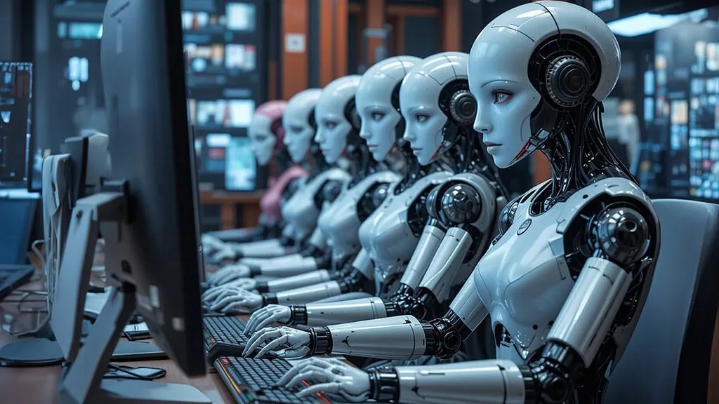Robots de inteligencia artificial trabajando en una oficina moderna, representando soluciones avanzadas de automatización y tecnología para empresas.