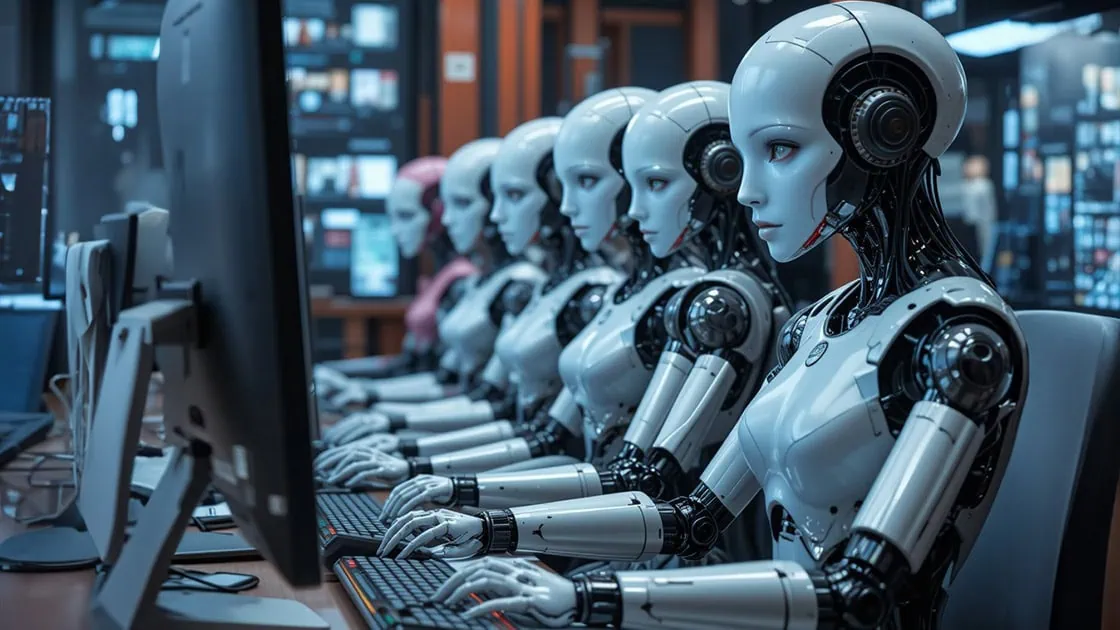 Robots de inteligencia artificial trabajando en una oficina moderna, representando soluciones avanzadas de automatización y tecnología para empresas.