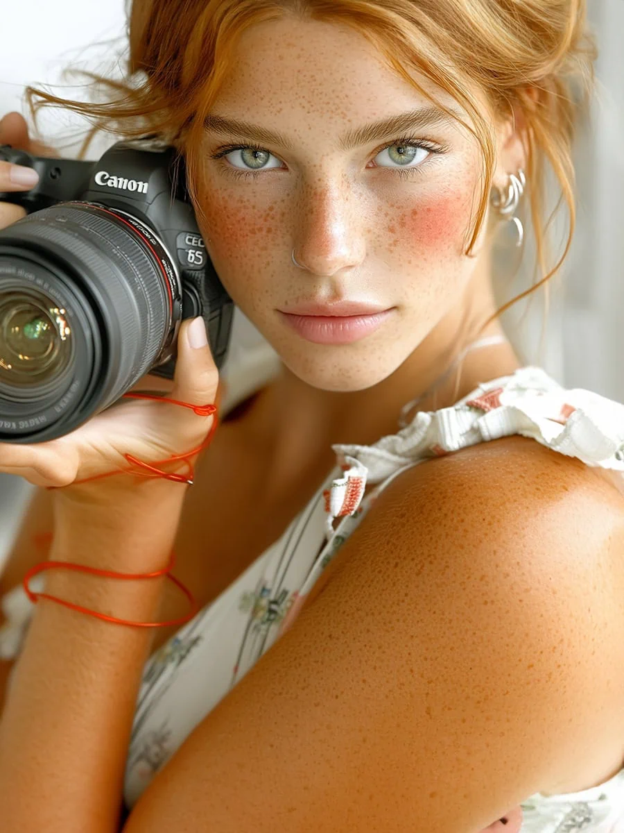 Fotos de una joven con pecas y cabello rojo sosteniendo una cámara profesional Canon para fotografía de retrato, mostrando habilidades en fotografía y edición.
