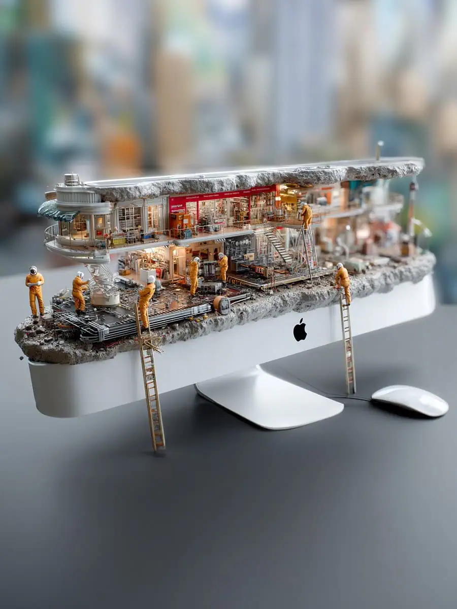 Miniatura de un modelo de construcción en una pantalla de iMac con mouse, que representa soluciones innovadoras en tecnología y automatización.