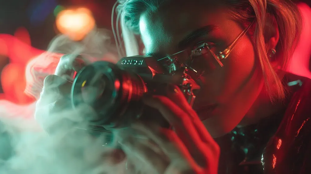 Fotografía de una mujer con gafas tomando una fotografía con una cámara vintage bajo luces de neón. La imagen resalta innovación digital, tecnología avanzada y servicios de soluciones de inteligencia artificial en un entorno moderno y dinámico.