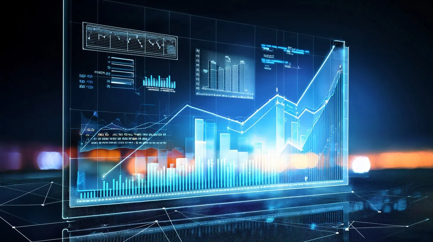 Análisis de datos en tiempo real con gráficos y estadísticas digitales, mostrando innovación tecnológica y soluciones de inteligencia artificial para negocios.