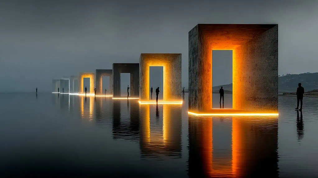 Puertas de hormigón iluminadas con luces LED a orillas del agua en un entorno nocturno, simbolizando innovación y tecnología en soluciones de construcción y diseño arquitectónico.