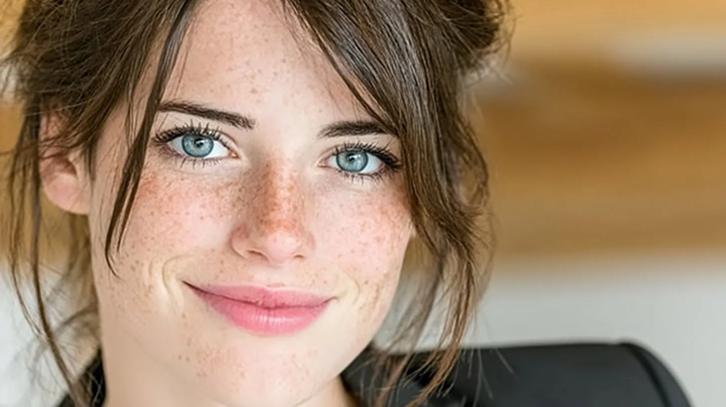 Belleza natural, mujer con cabello rizado, ojos azules y piel con pecas, imagen de alta calidad para contenido de salud y belleza en solucionesAIT.com.mx.