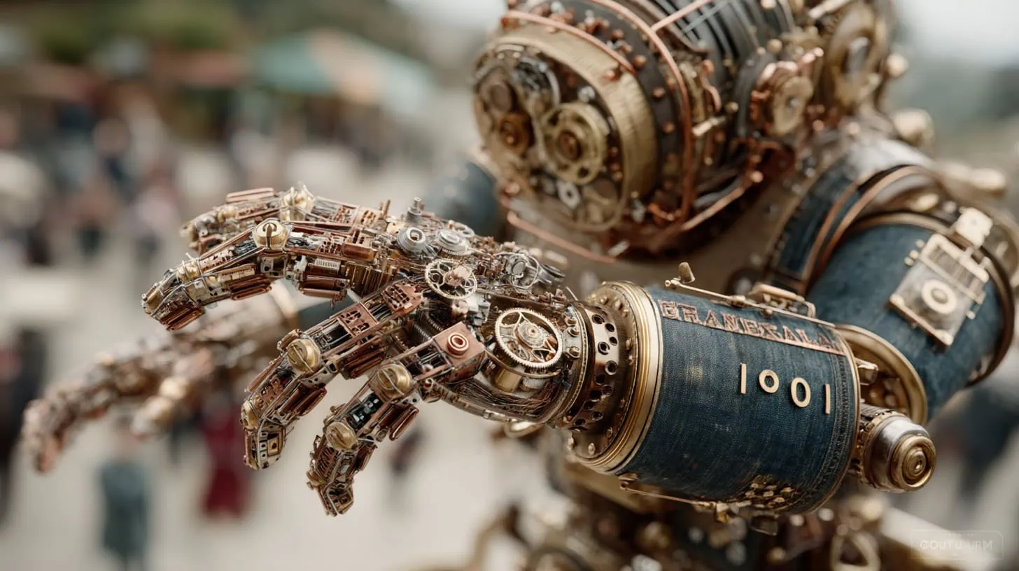 Robots de cobre con detalles mecánicos finos, exhibidos en un evento al aire libre en Soluciones AIT, mostrando innovación en tecnologías robóticas.