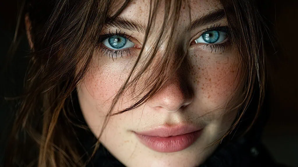 Cristalinas ojos azules de mujer joven, belleza natural, rostro con pecas, expresión tranquila y melancólica, close-up retrato de rostro femenino saludable.
