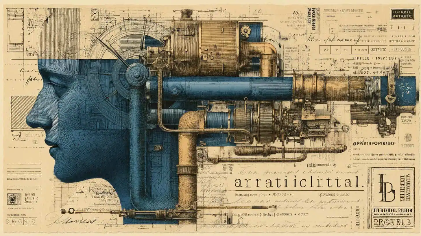 Maquina y rostro humano en estilo técnico steampunk, ilustración de ingeniería, arte industrial, ilustración mecánica y tecnológica, diseño de máquina y cabeza en azul y beige para soluciones de automatización industrial.