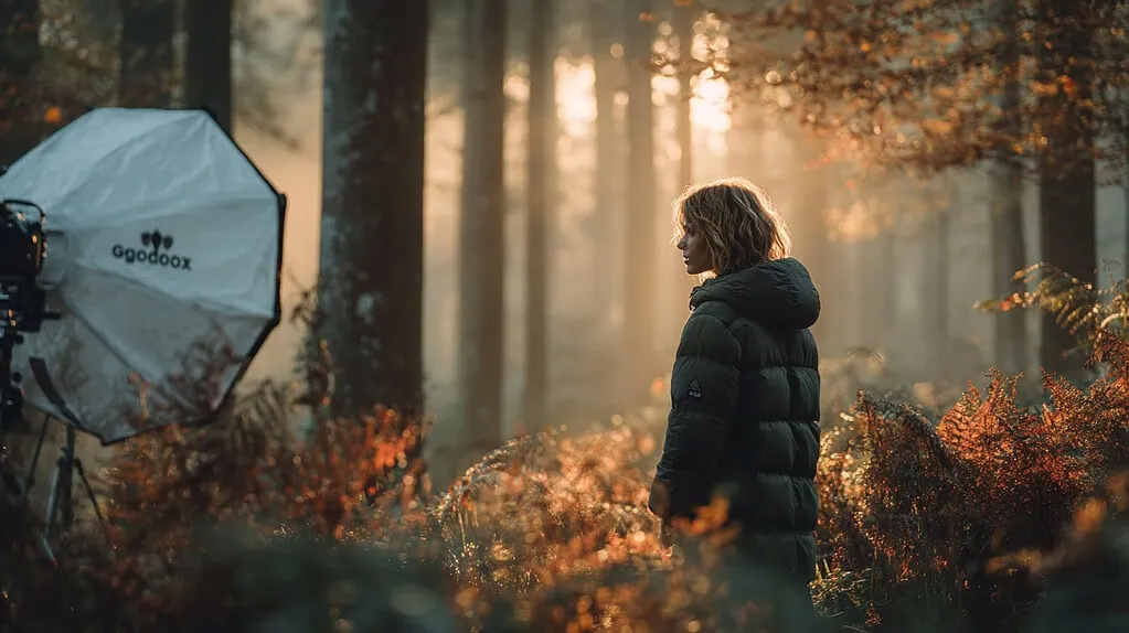 Soluciones AIT en fotografía de naturaleza mostrando una sesión de filmación en bosque otoño con equipo profesional de iluminación.