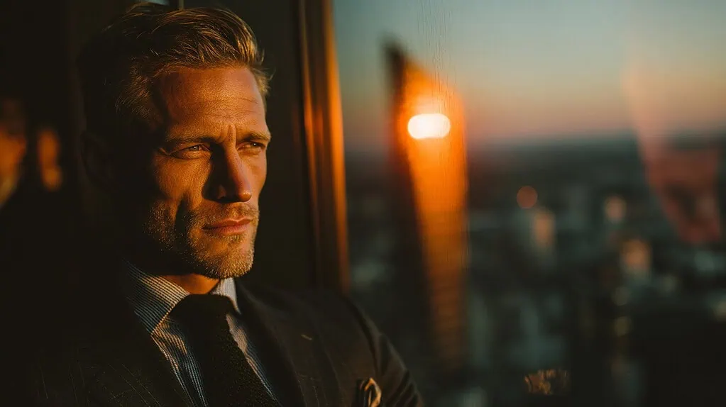 Innovador hombre de negocios contemplando la ciudad al atardecer en una oficina moderna con vista panorámica.