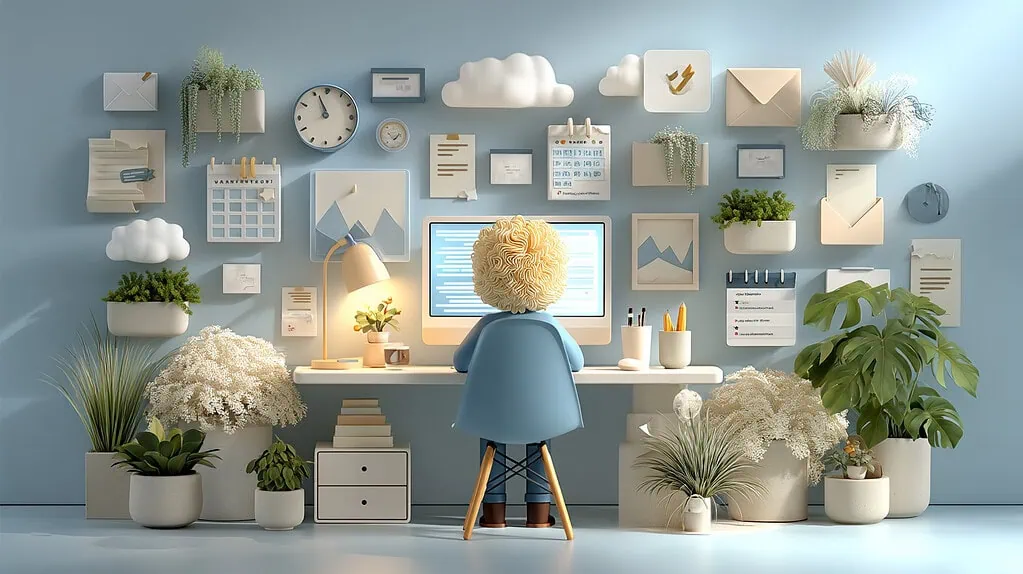 Florero de plantas verdes y blancas en oficina moderna con pared decorativa de cuadros, relojes, nubes y papeles, espacio de trabajo productivo y ambiente de hogar de estilo minimalista en tonos pastel y luz natural.