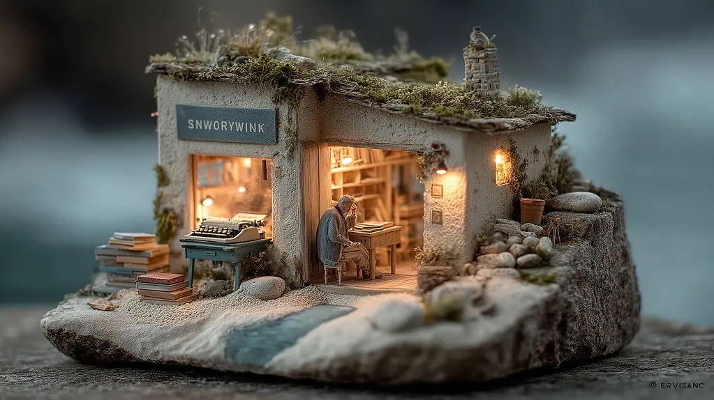 Tipo de casa en miniatura con luminarias cálidas, modelado artístico de refugio de montaña, ideal para decoración y espacios creativos, con detalles de rocas y vegetación artificial, enfoque en ambiente acogedor y rústico.