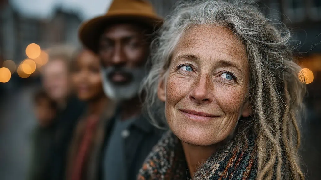 Gente diversa, personas de diferentes edades y razas en ambiente urbano, mostrando inclusión y diversidad cultural, multigeneracional en movimiento en la ciudad, en un entorno cosmopolita con luces de fondo.