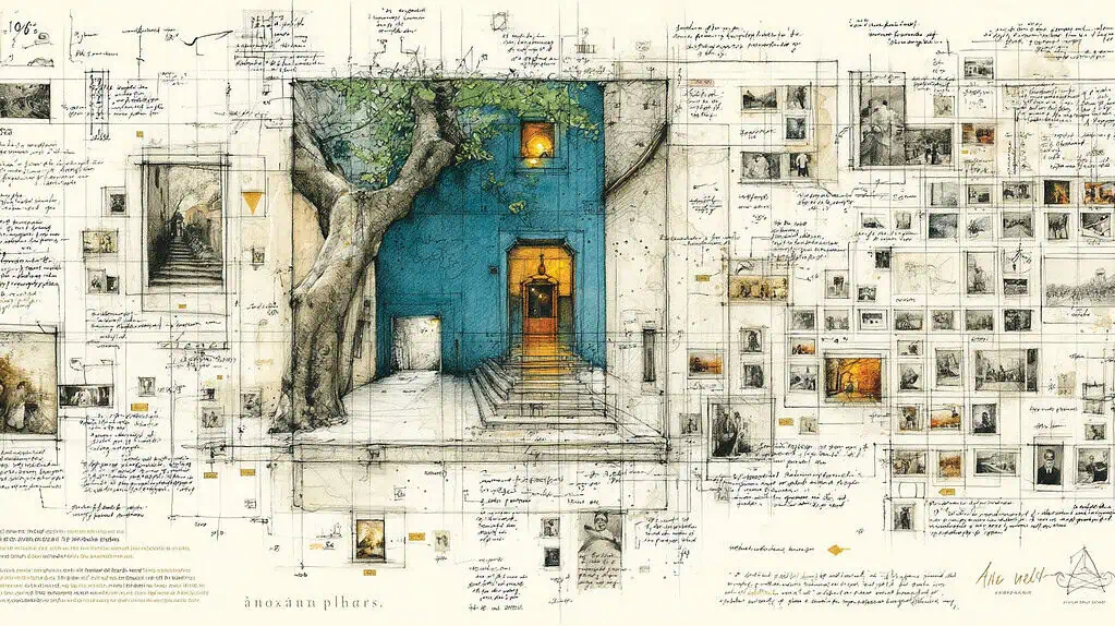 Es una ilustración arquitectónica que combina dibujo técnico con elementos artísticos, mostrando un diseño de fachada con un árbol y notas de boceto en el fondo, ideal para visualización innovadora en soluciones de arquitectura y diseño.