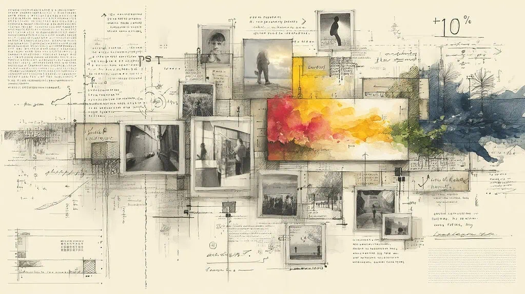 1. Arte conceptual de arquitectura con esquemas y fotos en blanco y negro, con explosiones de color, representando soluciones innovadoras en diseño y tecnología para proyectos de inversión.