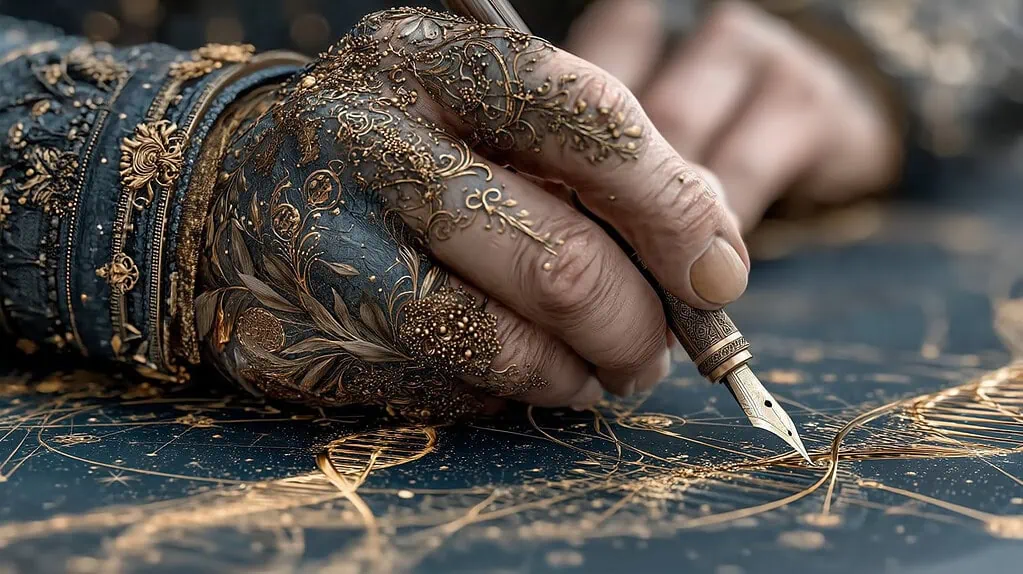 Tatuaje artístico con tinta dorada en la piel de una mano, detalles decorativos finos en un estilo elegante y sofisticado.