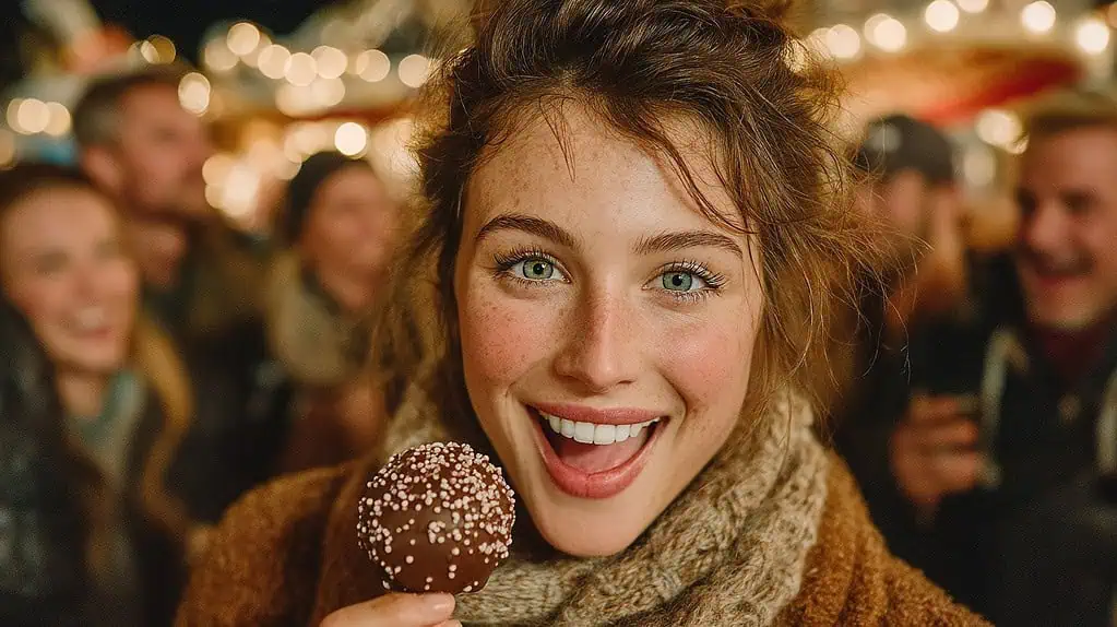 Disfruta del ambiente festivo en soluciones ait con una joven sonriendo y comiendo un pastel de chocolate en un evento navideño. enfoque en la alegría, comunidad y tecnología en solucionesAIT.com.