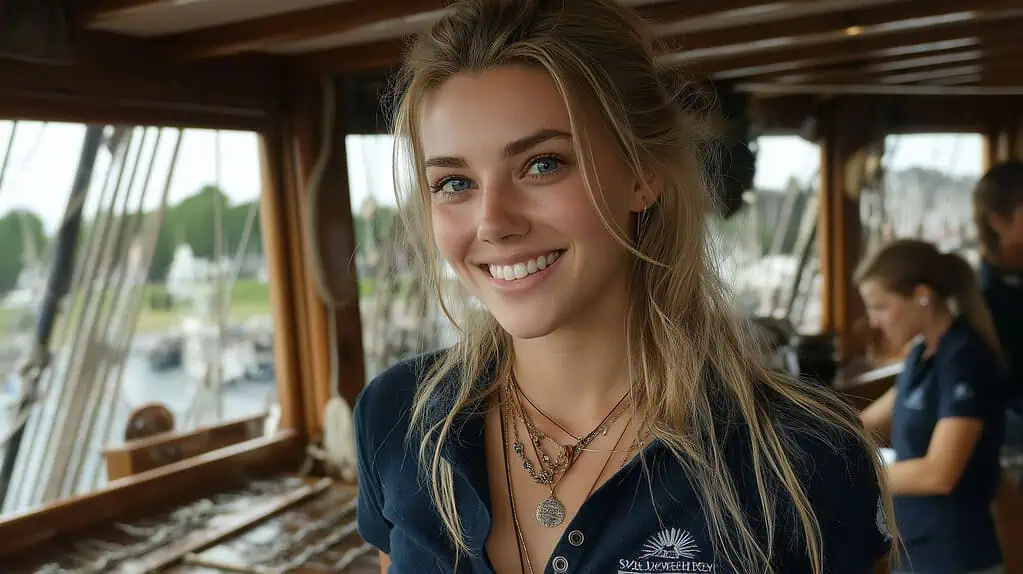 Joven mujer en un barco con tecnología, representante de innovación y soluciones digitales.