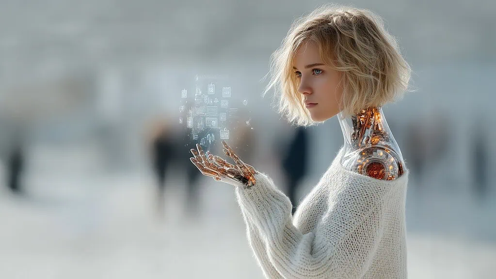 Inteligencia artificial, mujer con brazo cibernético, tecnología avanzada, innovación en automatización, soluciones tecnológicas, futuro digital, robótica y AI, soluciones de inteligencia artificial.