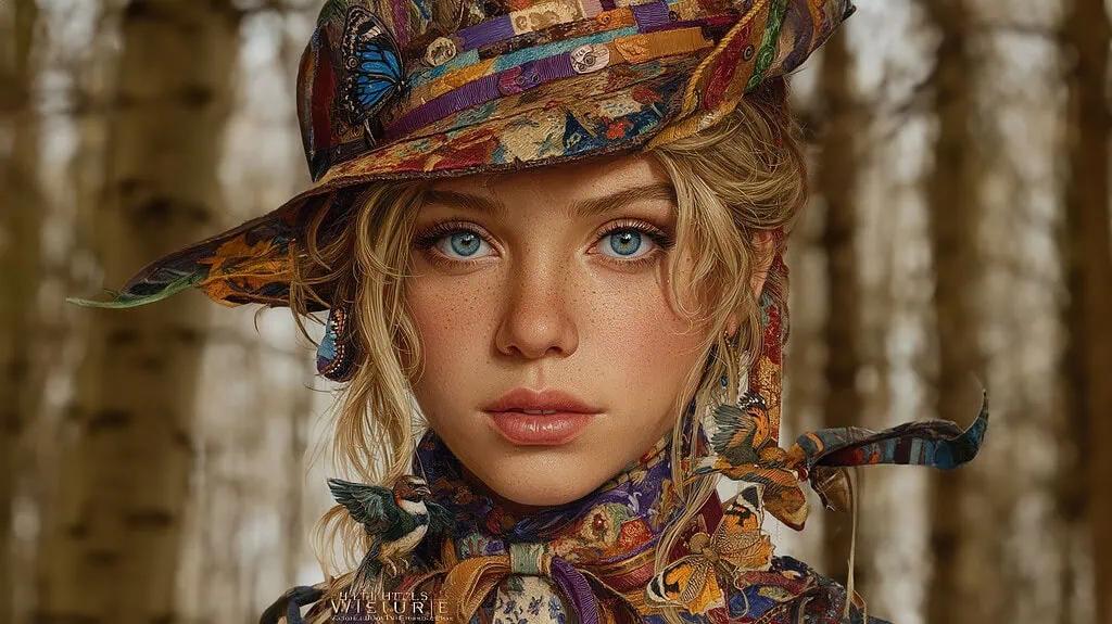Elegante mujer con sombrero colorido y accesorios florales, con cabello rubio y ojos azules, en un bosque de árboles de abedul.