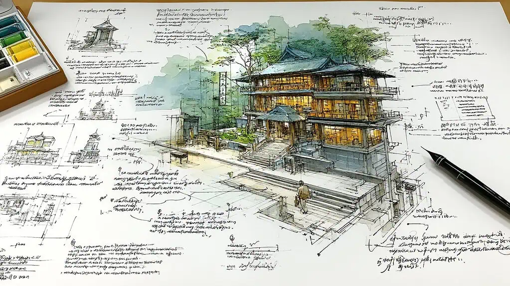 Esquema arquitectónico y boceto digital de una casa tradicional con detalles en dibujo técnico y acuarela, en proceso de diseño arquitectónico y urbanístico para proyectos residenciales.