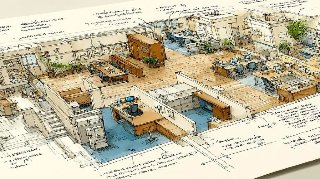 Diseño arquitectónico de oficina moderna con espacios abiertos, áreas de trabajo colaborativas y mobiliario ergonómico, ideal para implementar soluciones de AIT en ambientes laborales.