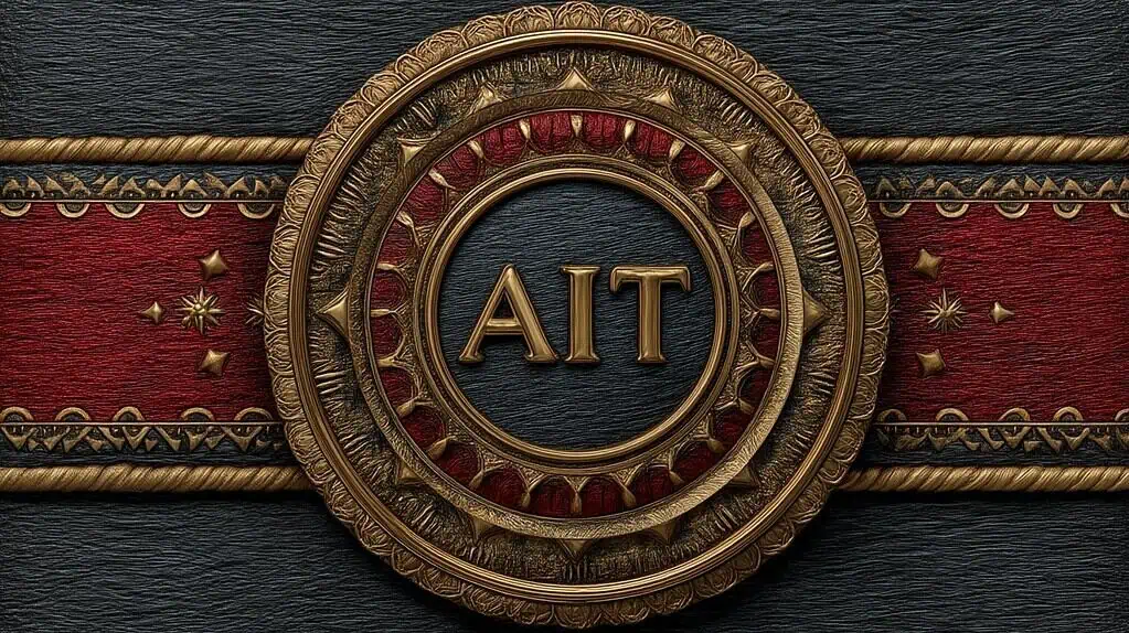 Logo de Soluciones AIT con diseño elegante y detallado en tonos dorados y rojos, resaltando su expertise en soluciones tecnológicas y servicios de IT en México.
