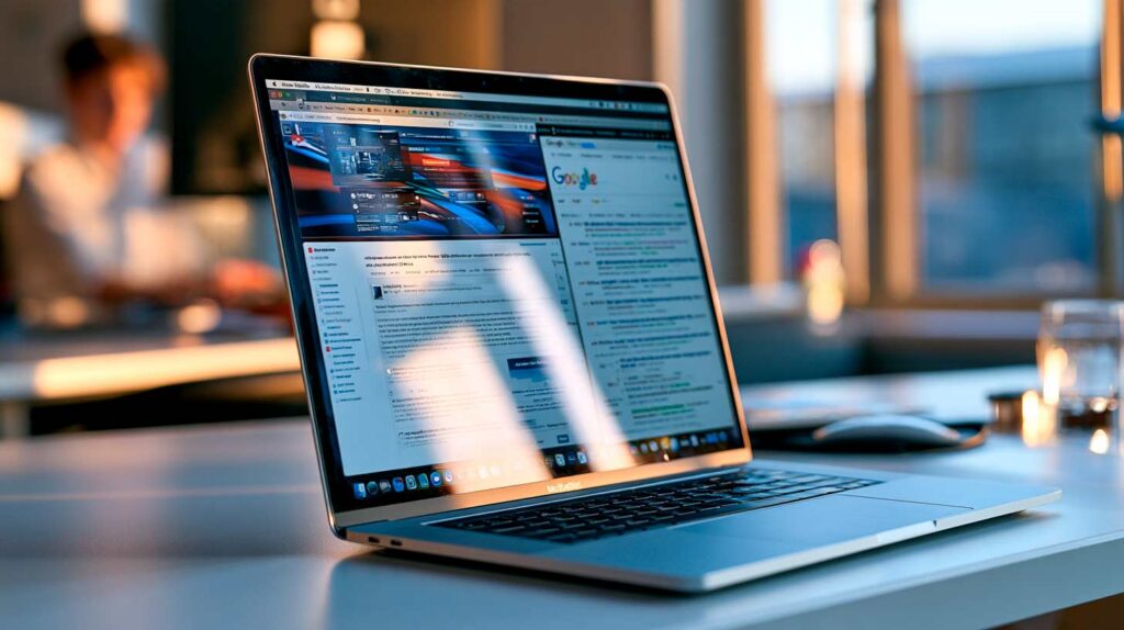 Sitio web recién lanzado abierto en una computadora junto a una página de resultados de Google